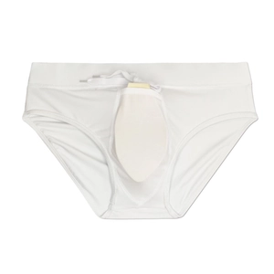 Detail view of white men's athletic swimwear with built-in protective cup and drawstring