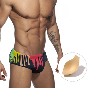 Men Sexy Low Waist Swim Briefs With Removable Cup Pad Colorful Oil Paint Drip Print Quick Dry Beach Swim Trunks For Men