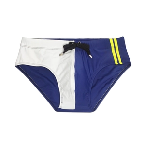 Detail of blue and white swimming trunks with yellow side stripes and waist drawstring