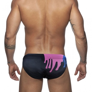 Rear view of men's low-rise swim briefs with vibrant pink and blue fluid drip print design