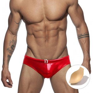 Men's shiny red metallic low-rise swim briefs with white drawstring and cup pad insert
