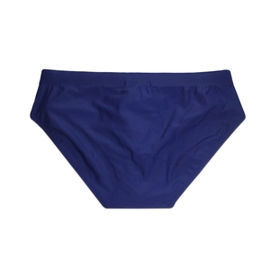 Detailed flat lay of navy blue mens athletic swim briefs with elastic waistband