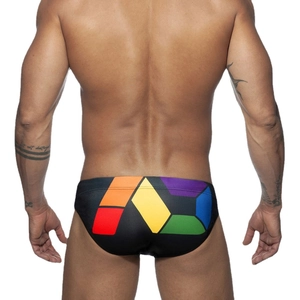 Men's sexy swim briefs in black with colorful rainbow geometric pattern on the back