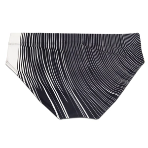 Detail of men's swim briefs featuring black and white dynamic radial stripe patterns