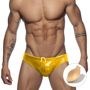 Men's bright yellow metallic swim briefs with white drawstring and removable sponge pad