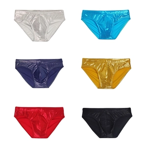 Macro display of men's metallic faux leather swim briefs in six vibrant shiny colors