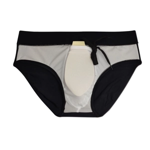Detail of men's swim briefs showing internal removable protective padding and mesh stitching