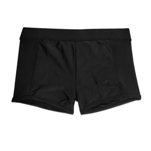 Detail view of black swimming trunks with high waist elastic waistband and side stitching
