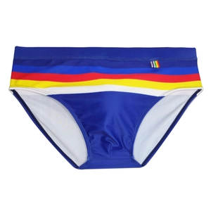 Close-up of navy blue swim briefs featuring colorful side stripes and elastic fabric