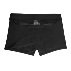 Detail of men's swimming trunks featuring elastic waistband and mesh pocket design