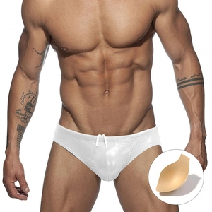 Men's white shiny swim briefs with drawstring and removable contour cup pad