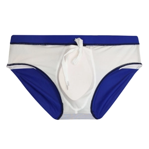 Detail of blue and white men's swim briefs with drawstrings and internal padding