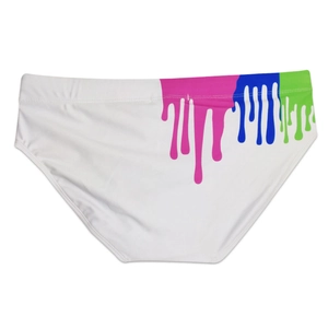 Detail of artistic colorful dripping paint print on white men's swim briefs