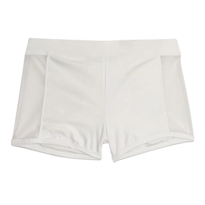 Macro detail of men's white square-cut trunks with side mesh paneling and elastic waist