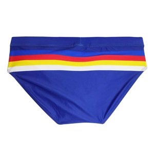 Close-up of royal blue men's swim briefs with colorful stripes on smooth elastic fabric