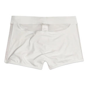 Detailed view of men's white boxer trunks featuring side mesh panels and elastic waistband