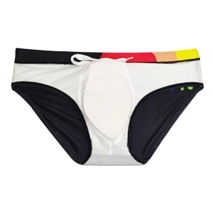 Detail of mens bikini swimwear with multi-colored striped waistband and white drawstring