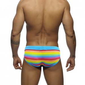 Rear view of men's low-rise swim briefs featuring a vibrant horizontal rainbow stripe pattern