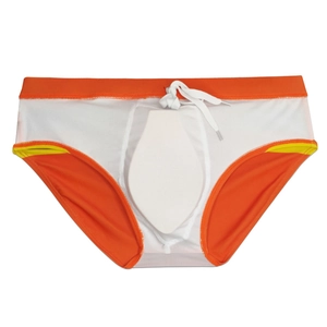 Close-up of orange men's swim briefs with white drawstring and removable protective cup pad
