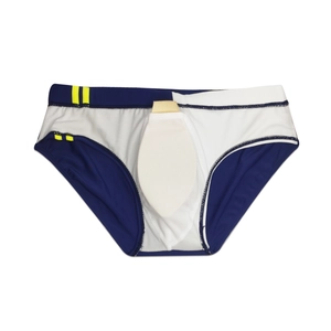 Detailed view of men's swimwear interior featuring a removable protective cup and lining