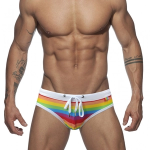 Men's sexy rainbow striped swim briefs with white drawstring waistband for beach and pool