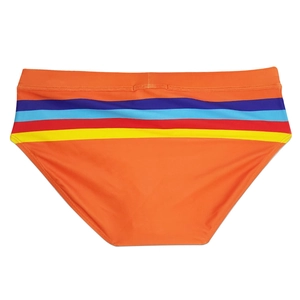 Detailed view of orange men's swim briefs featuring colorful striped waist and neat stitching
