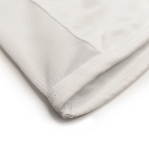 Detailed close-up of white breathable mesh fabric and professional double-stitch seams