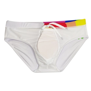 Men's white swim briefs with rainbow waistband, drawstring and inner protective padding