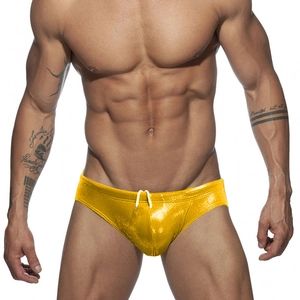 Men's bright yellow metallic shiny swim briefs with low-waist cut and white drawstring