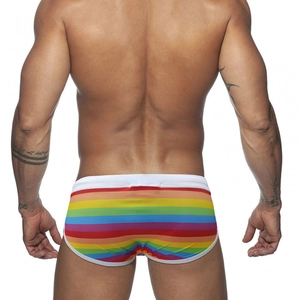 Men's sexy low-waist rainbow striped swim briefs with white trim, back view fit