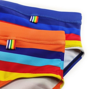 Detailed view of rainbow striped quick-dry swim briefs with elastic waistband and woven label