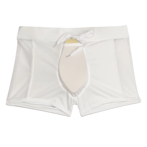 Detail of white men's swim trunks featuring side mesh panels and drawstring waist