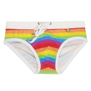 Detailed front view of men's rainbow striped swim briefs with white drawstring waist