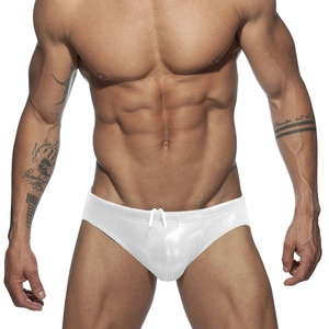 Men's sexy white glossy low-rise swim briefs with drawstring in shiny elastic fabric