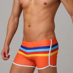 Men Quick Dry Swim Shorts Elastic Polyester Spandex Striped Beach Trunks Sporty Bathing Suit For Vacation Pool Swimwear
