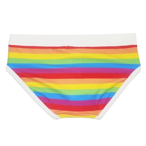 Detail view of men's swim briefs featuring vibrant rainbow stripes and white elastic waistband