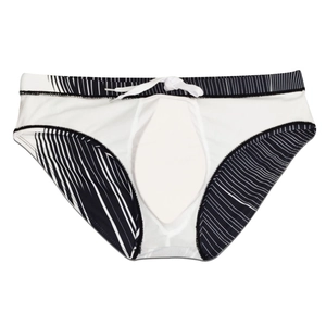 Flat lay of mens swim briefs with side stripes and adjustable drawstring waist