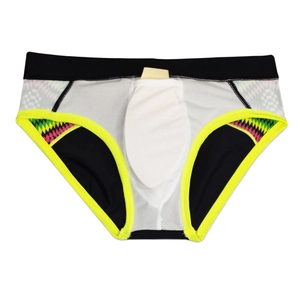 Macro detail of men's swim briefs featuring a functional white protective cup insert