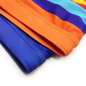 Macro detail of rainbow striped swim briefs showing high-quality stitching and fabric texture