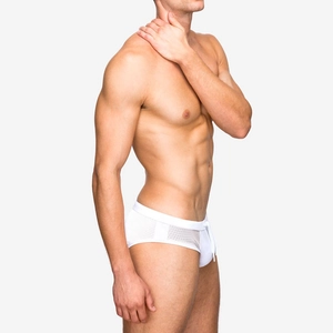 Men's white swim briefs with breathable mesh panels and adjustable drawstring waist