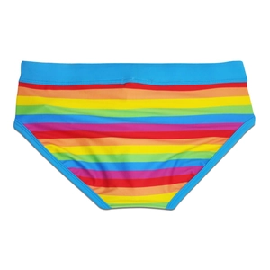 Detailed close-up of men's swim briefs featuring vibrant rainbow stripes and blue elastic waistband