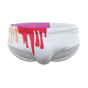 Men's fashion swim briefs in white featuring artistic colorful paint drip print pattern