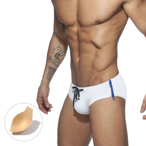 Sexy white men's swim briefs with side zipper, drawstring waist and removable cup pad