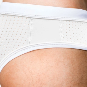 Men's sexy white mesh patchwork swim briefs with breathable translucent fabric design