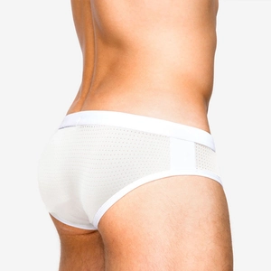 Men's white mesh breathable swim briefs with wide elastic waistband seen from back