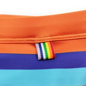 Detail shot of multi-color striped swimwear fabric featuring rainbow tag and stitching