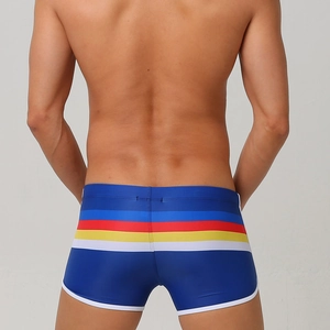 Close-up back view of men's quick-dry navy swim trunks with colorful side stripes