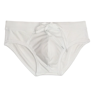 Detail of white men's swim briefs featuring side mesh panels and adjustable drawstring waist
