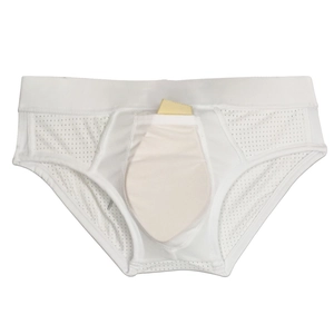 Detail view of men's white mesh swimwear with a built-in protective cup pocket insert