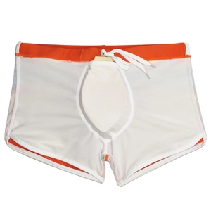 Men's swim trunks detail showing white mesh lining, orange waistband, and protective cup pad